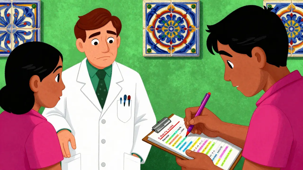 A patient recording symptoms in a log while a doctor shrugs in a stylized Mexican animation scene.
