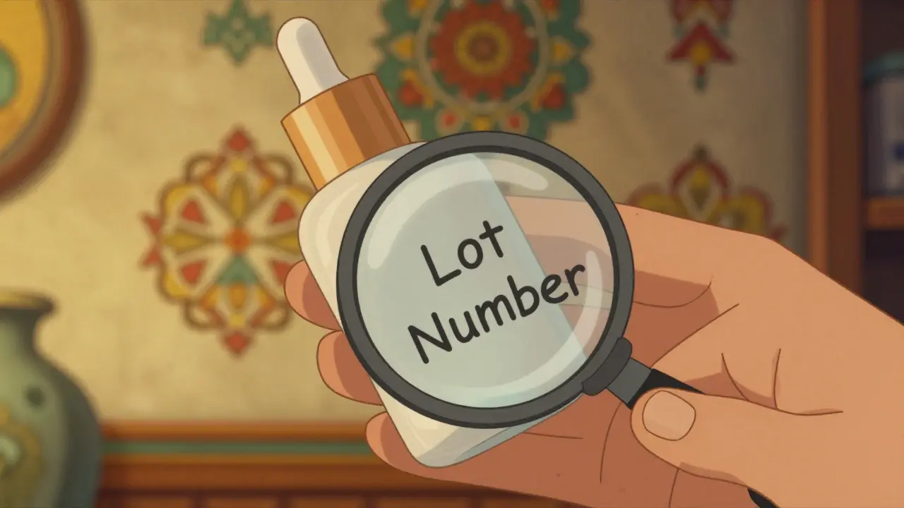 Close-up of a hand using a magnifying glass to check a lot number on a bottle