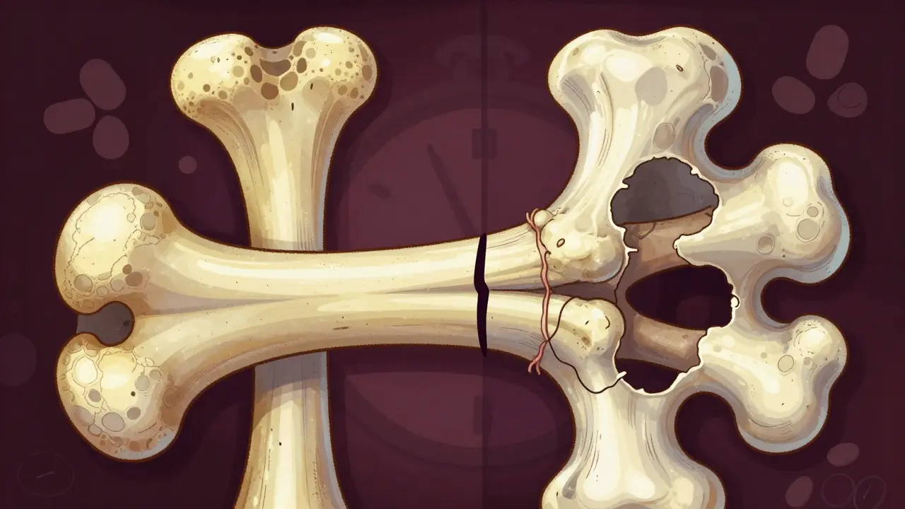 Comparison between a dense healthy bone and a fragile porous bone.