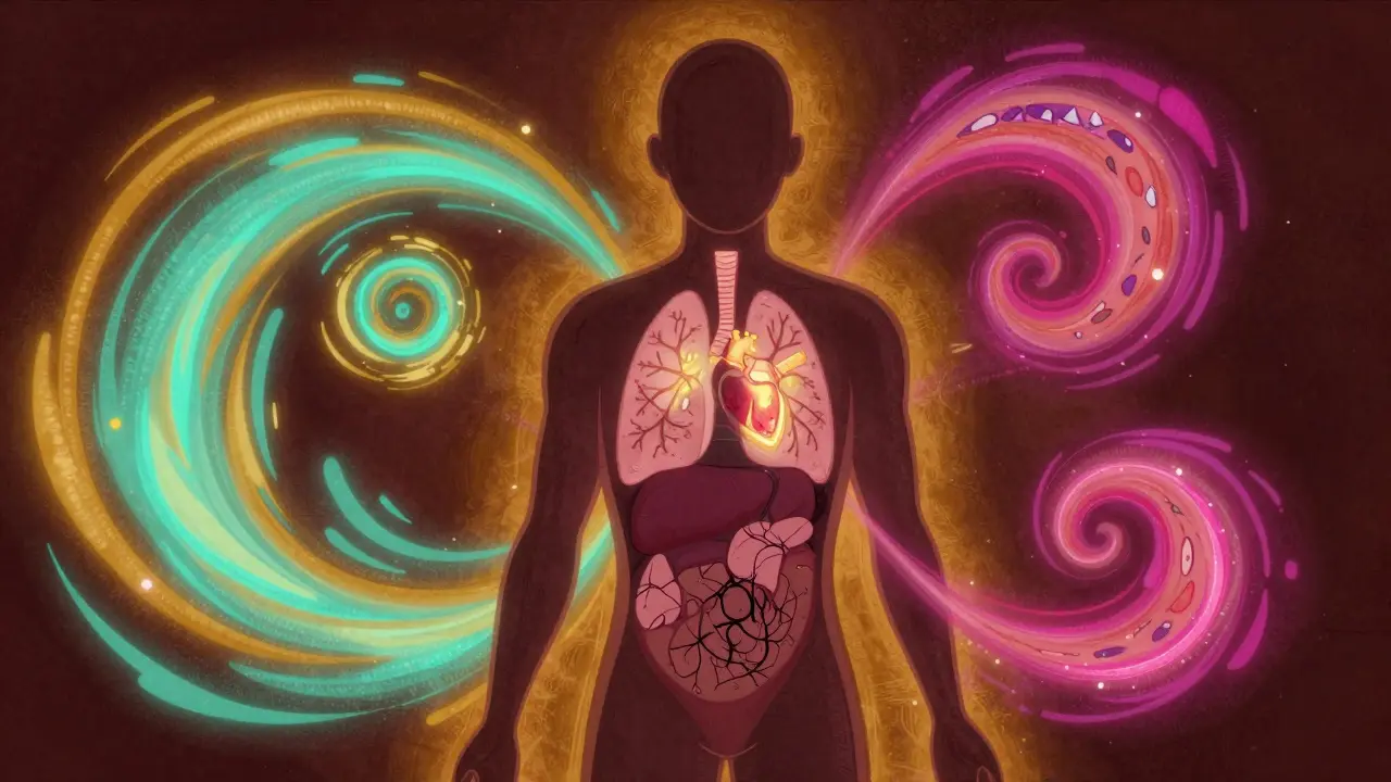 Conceptual art of a human silhouette surrounded by swirling colors representing disease mechanisms.
