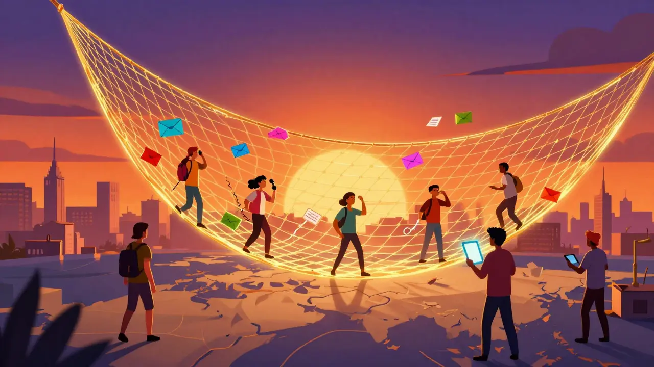 Diverse people sending reports into a giant golden safety net in a vibrant Mexican animation style.