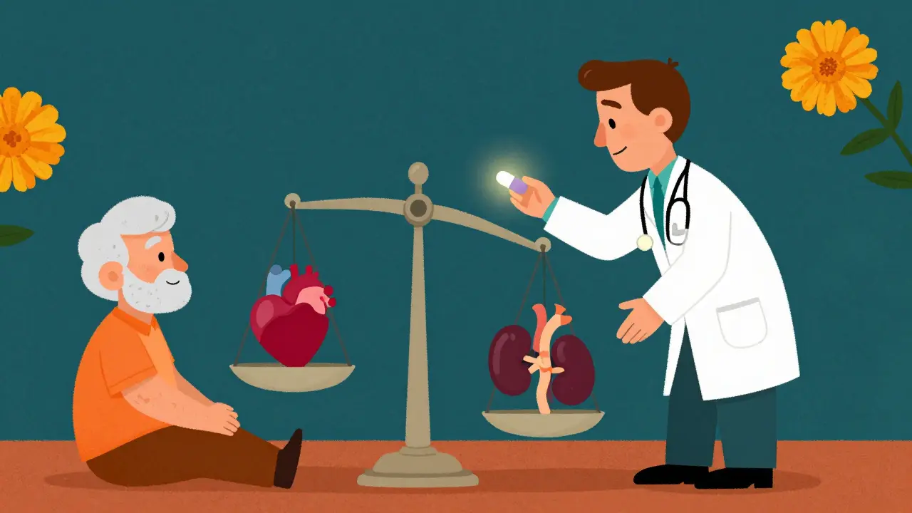 Doctor carefully balancing medication on a scale with a patient's organs.