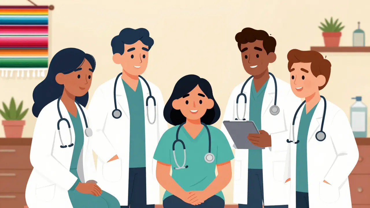 Friendly group of medical specialists in a colorful office supporting a patient.