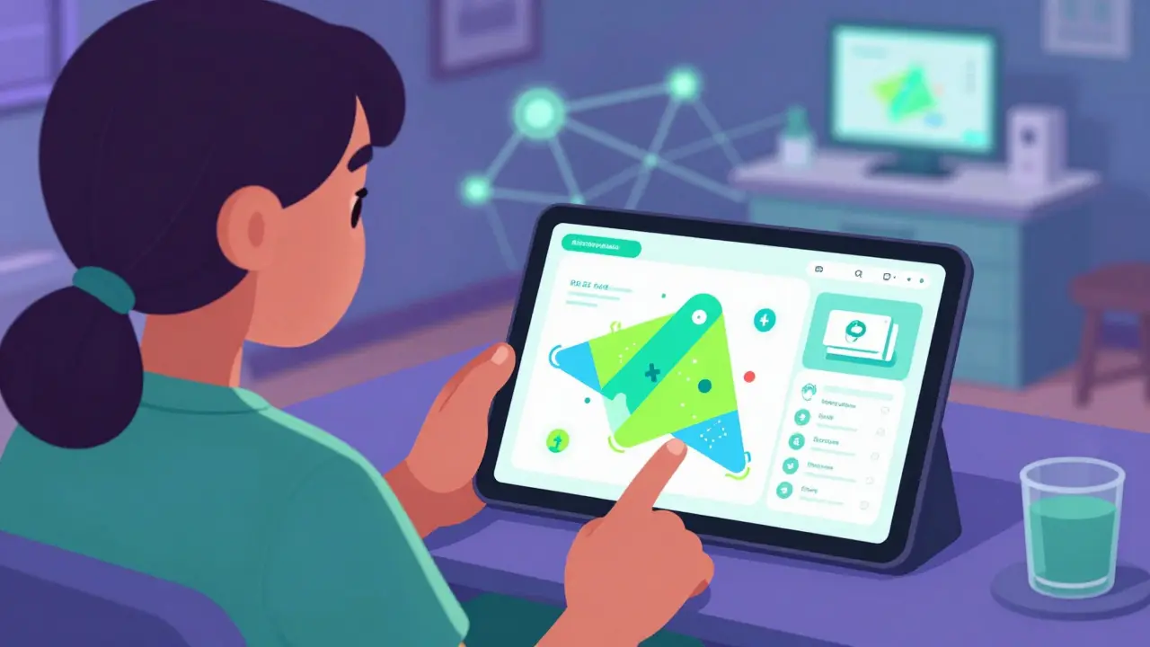 Patient using a personalized AI medical decision tool on a tablet in Mexican animation style