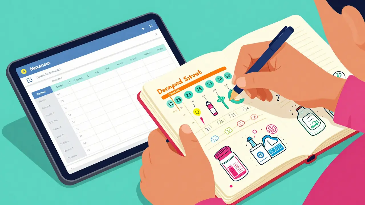 Person organizing product expiration dates using a digital tablet and a journal