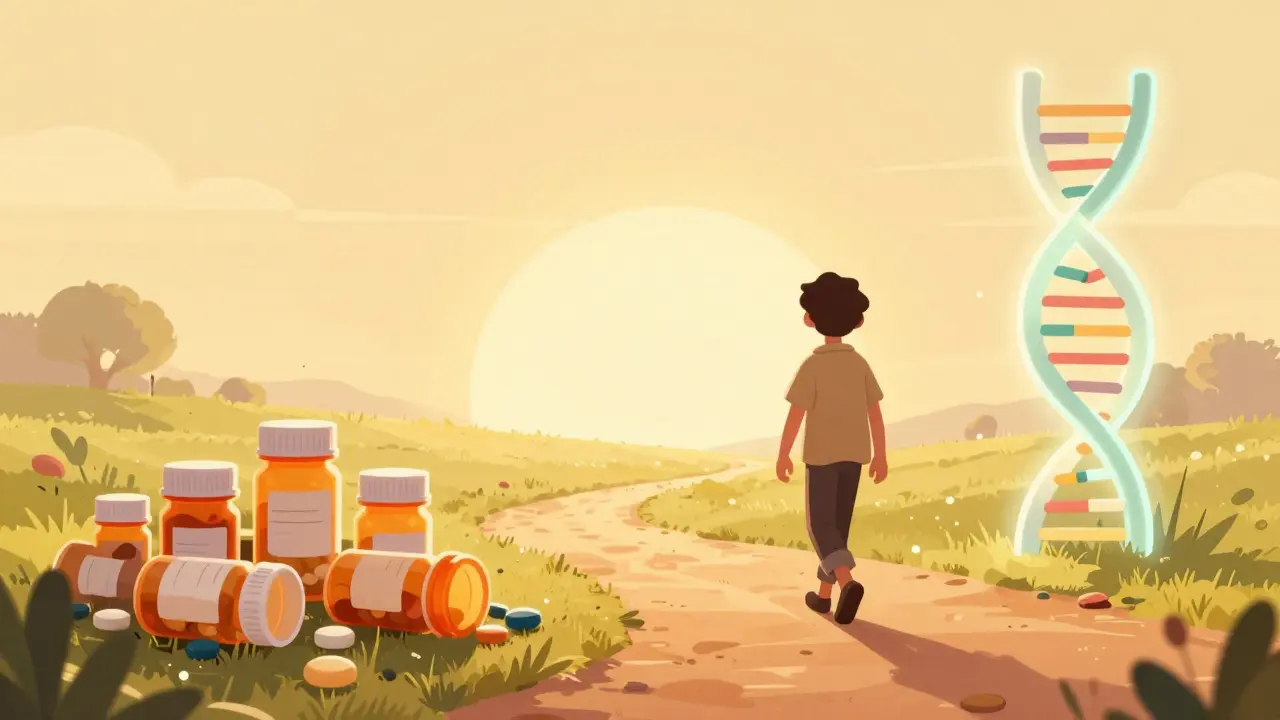 Person walking away from medication bottles toward a bright horizon with a DNA helix.