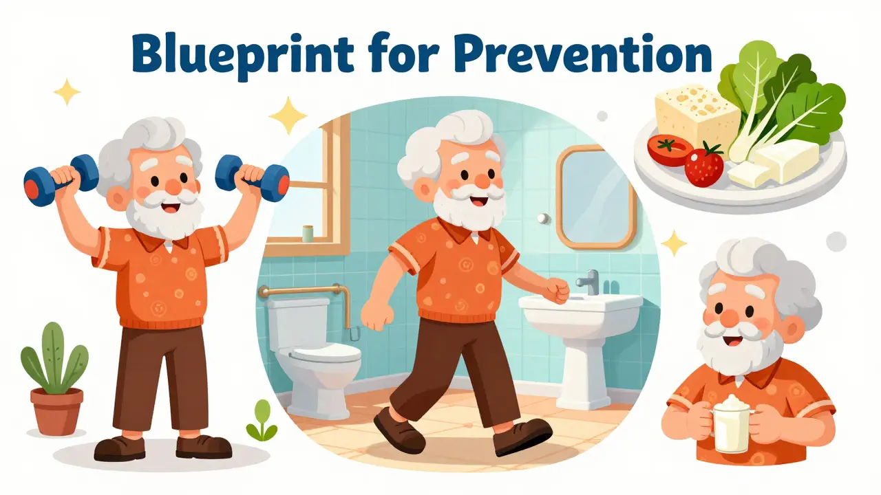 Senior person exercising and eating healthy foods in a colorful home.