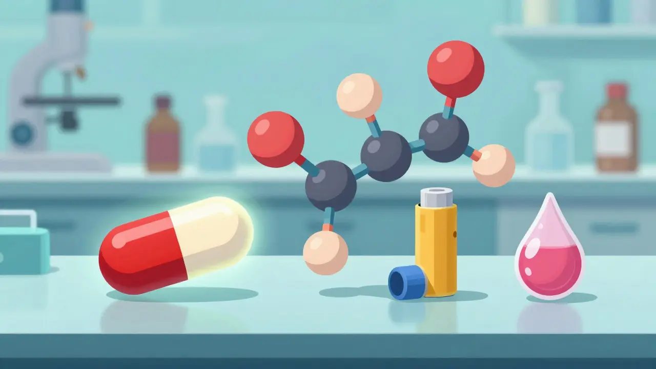 Stylized molecules being placed into a pill, inhaler, and liquid drop.